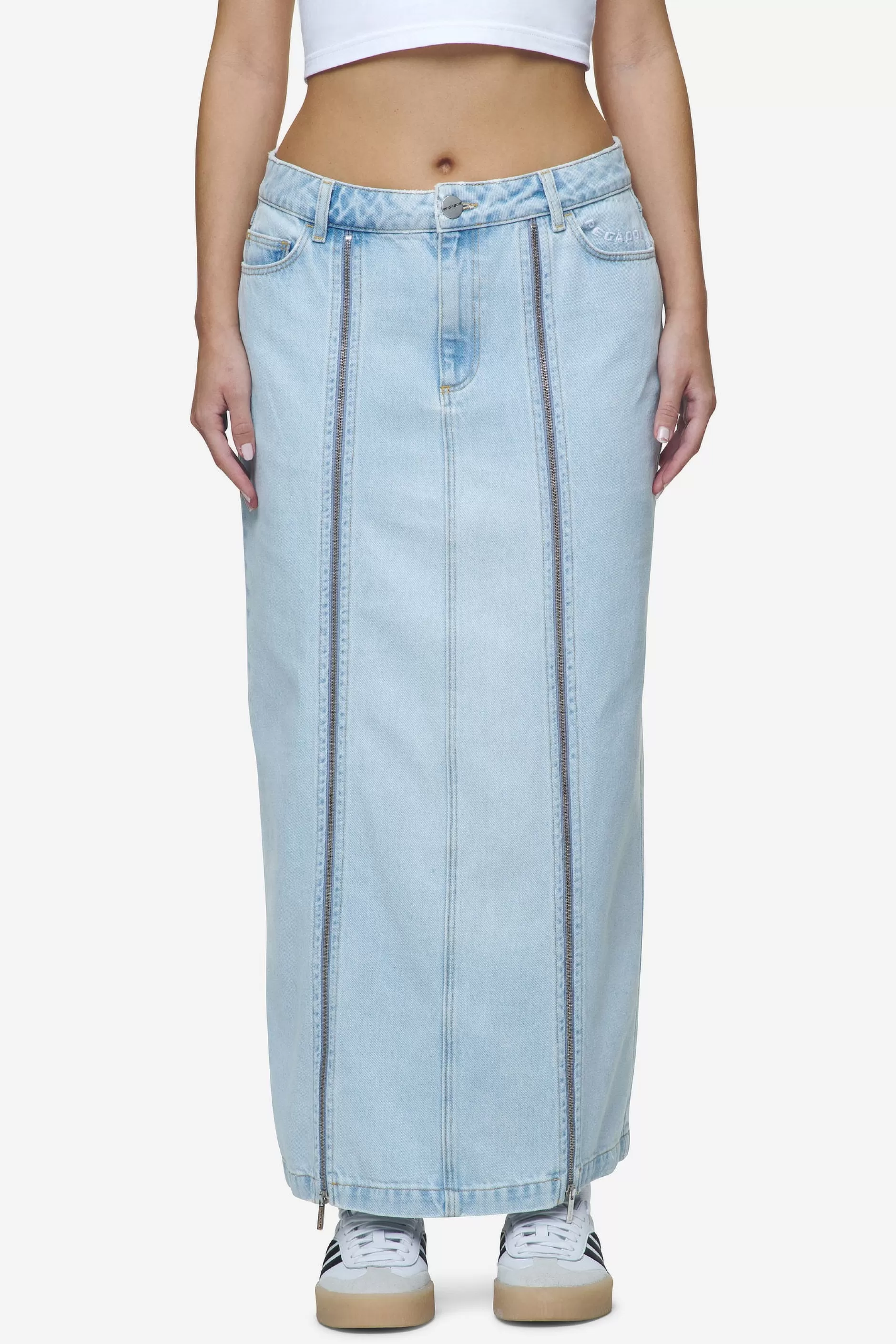 Aya Denim Midi Zip Skirt Washed Light Blue-Pegador Store