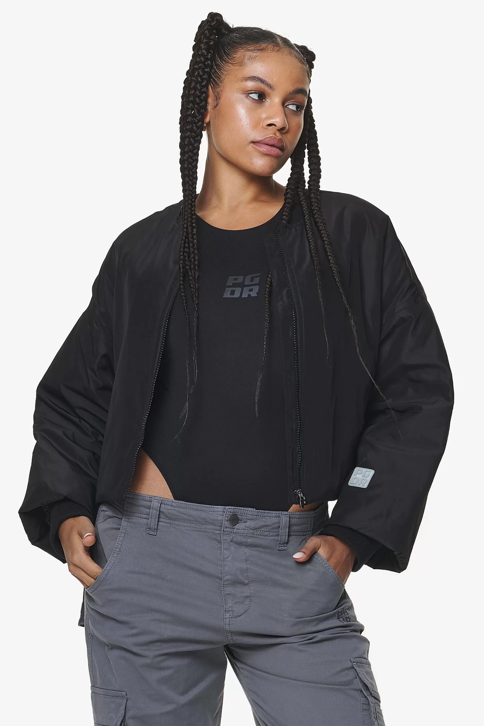 Floro Volume Puffer Bomber Jacket Black-Pegador Online