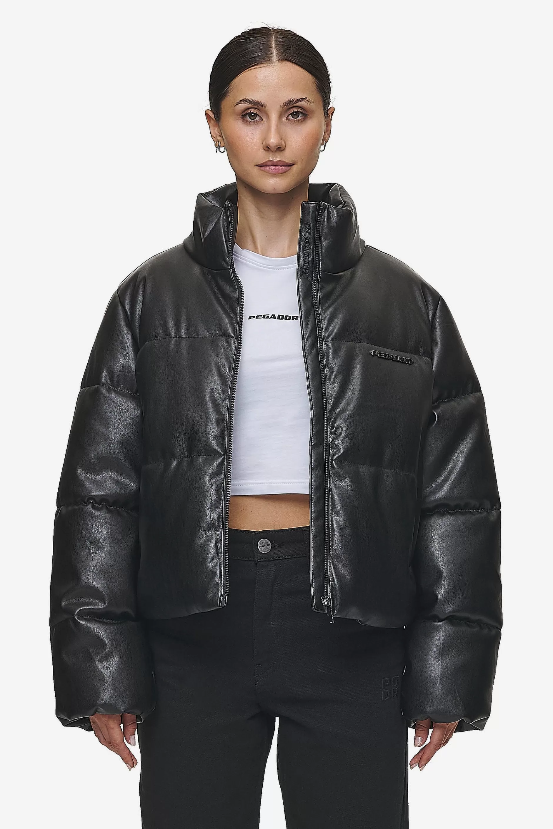 Georgia Faux Leather Puffer Jacket Metal Logo -Pegador Online