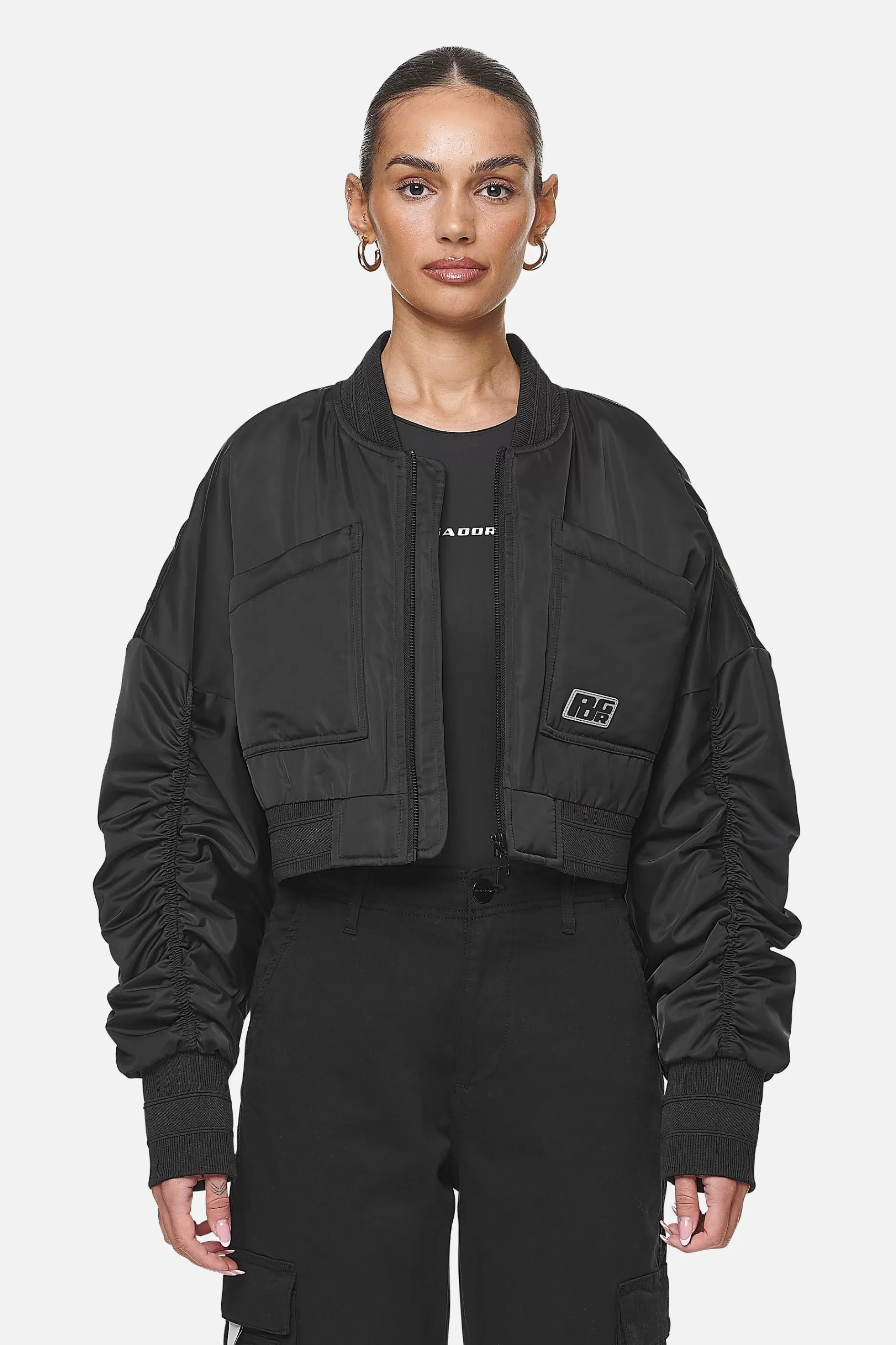 Laura Cropped Ruffed Oversized Jacket Black-Pegador Cheap