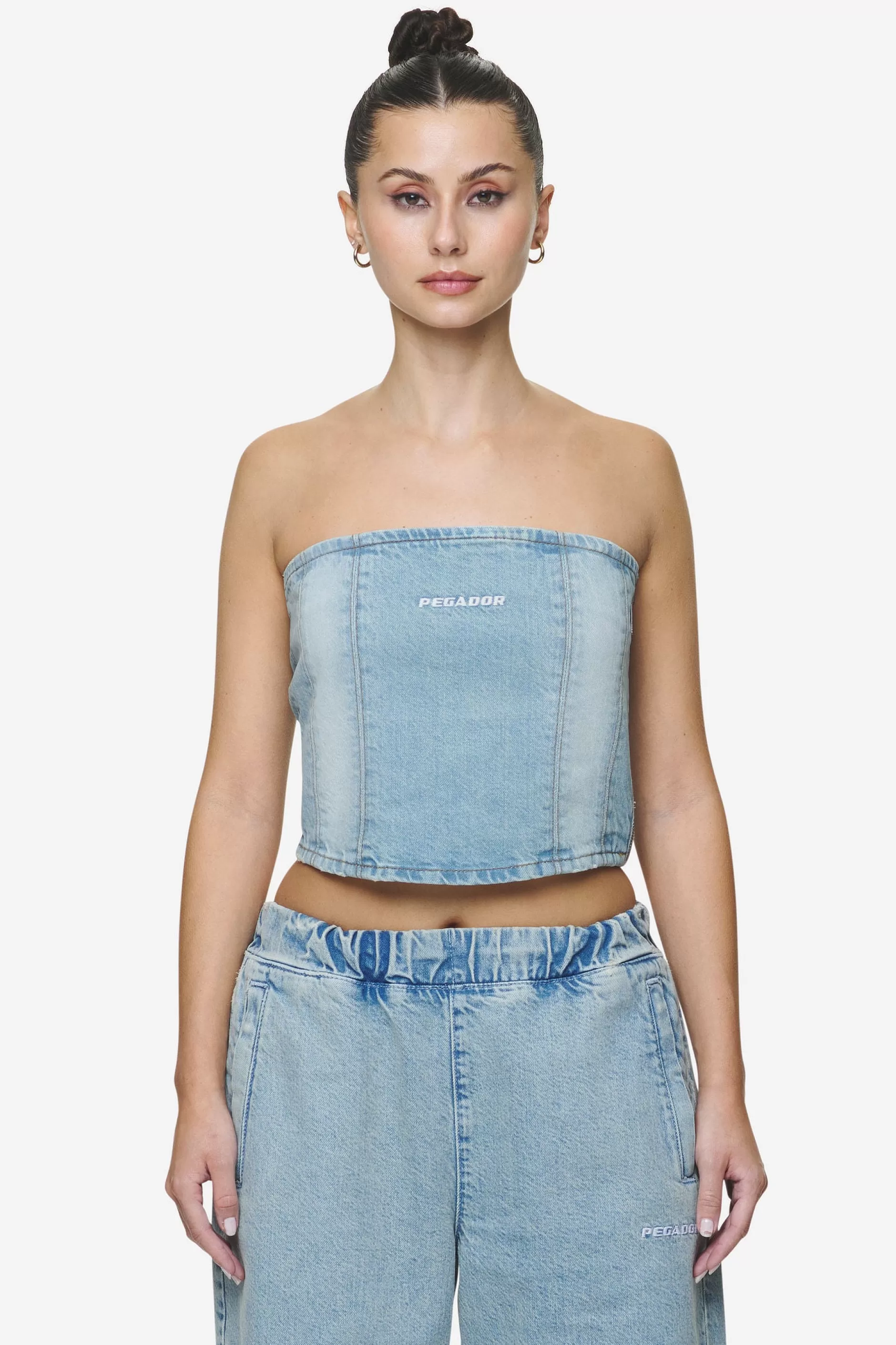 Miranda Denim Tube Top Washed Pale Blue Bleached Blue-Pegador Online