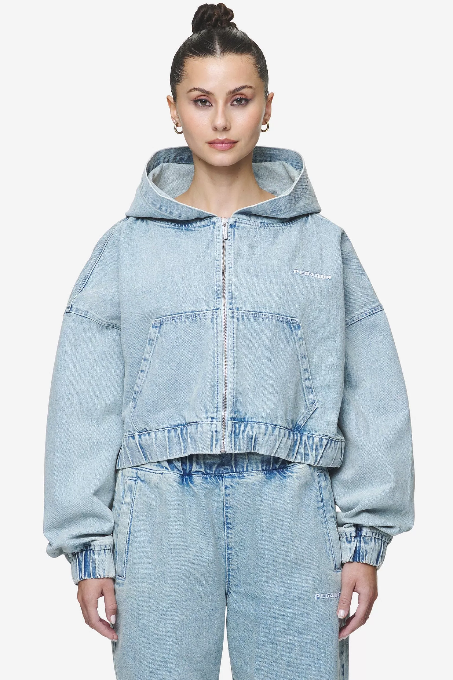 Zona Cropped Denim Zip Jacket Washed Pale Blue-Pegador Clearance